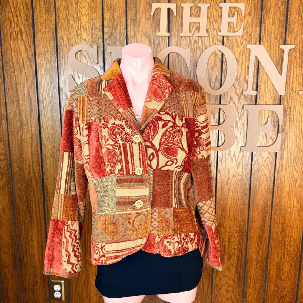 ELCC Patchwork Chenille Blazer Women PL Orange Boho Velvet Jacket Hippie 80s VTG